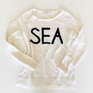 Loft Brand, Coastal Sweater, Off-White w/Navy Blue Letters, Women’s size Medium